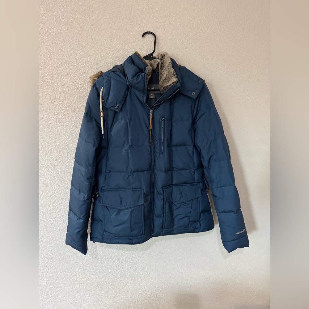 Eddie Bauer Women’s Large Blue Down Puffer Jacket Faux Fur Hood Winter Coat